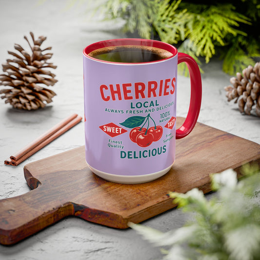 "Delicious Cherries", Colorful Mugs (11oz, 15oz) (Vintage Lilac)