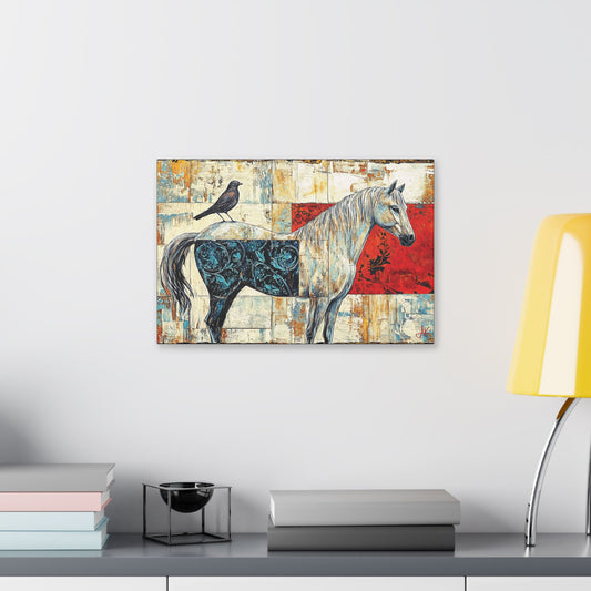 "Series: White Horse with Bird #01", Stretched Classic Canvas Fine Art Print