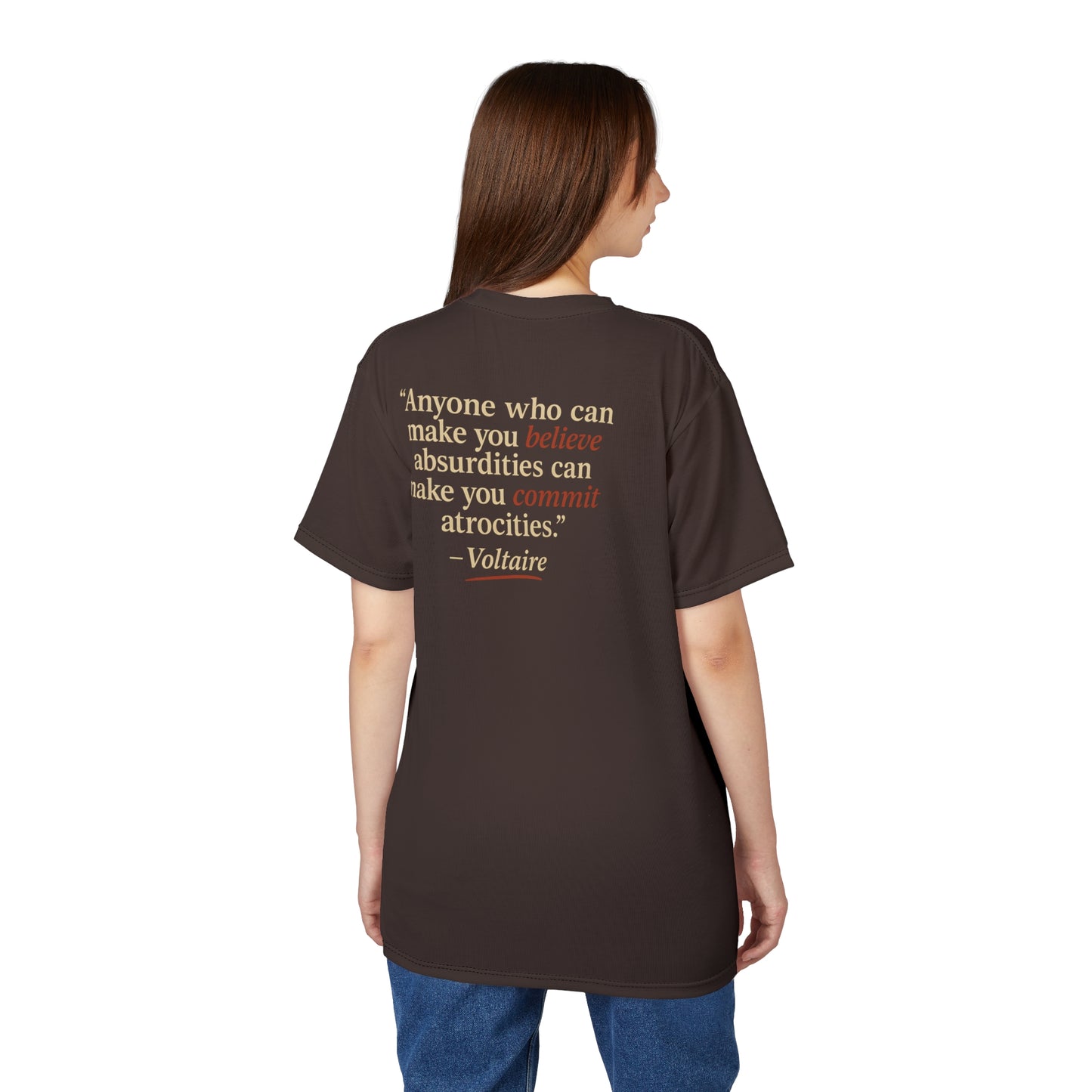 "Beware Woke - Voltaire", Wearable Art Unisex T-shirt (Skilandis Brown)