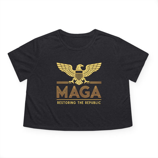 "MAGA - Restoring the Republic", Women's Flowy Cropped Tee (Black or Grey)