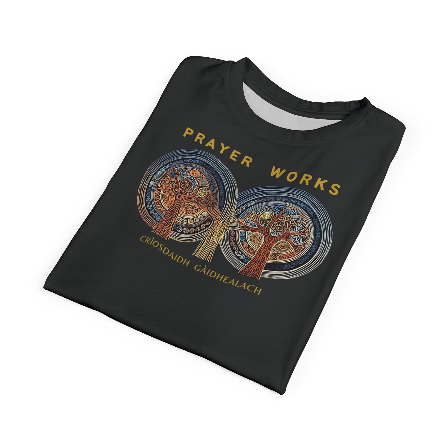 "Prayer Works – Gaelic Christian", Wearable Fine Art Unisex T-shirt (Dark Dùn Grey)