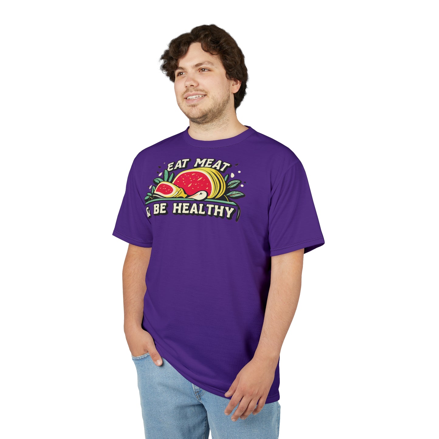 "Eat Meat & Be Healthy", Unisex T-shirt (Deep Purple)