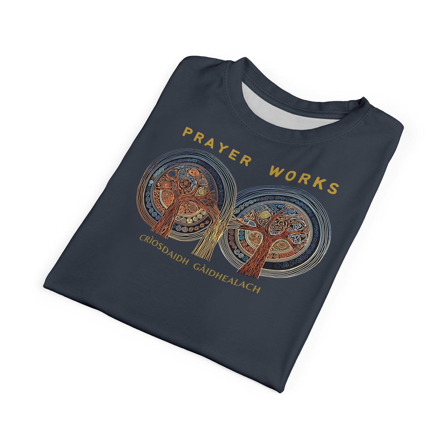 "Prayer Works – Gaelic Christian", Wearable Fine Art Unisex T-shirt (Hearthstone Grey)