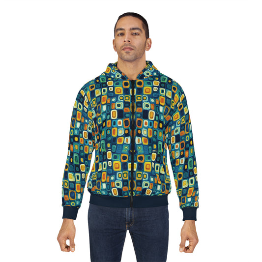 "Soul Mosaic", Unisex Wearable Art Zip Hoodie (Birlinn Blue Cuffs & Waistband)