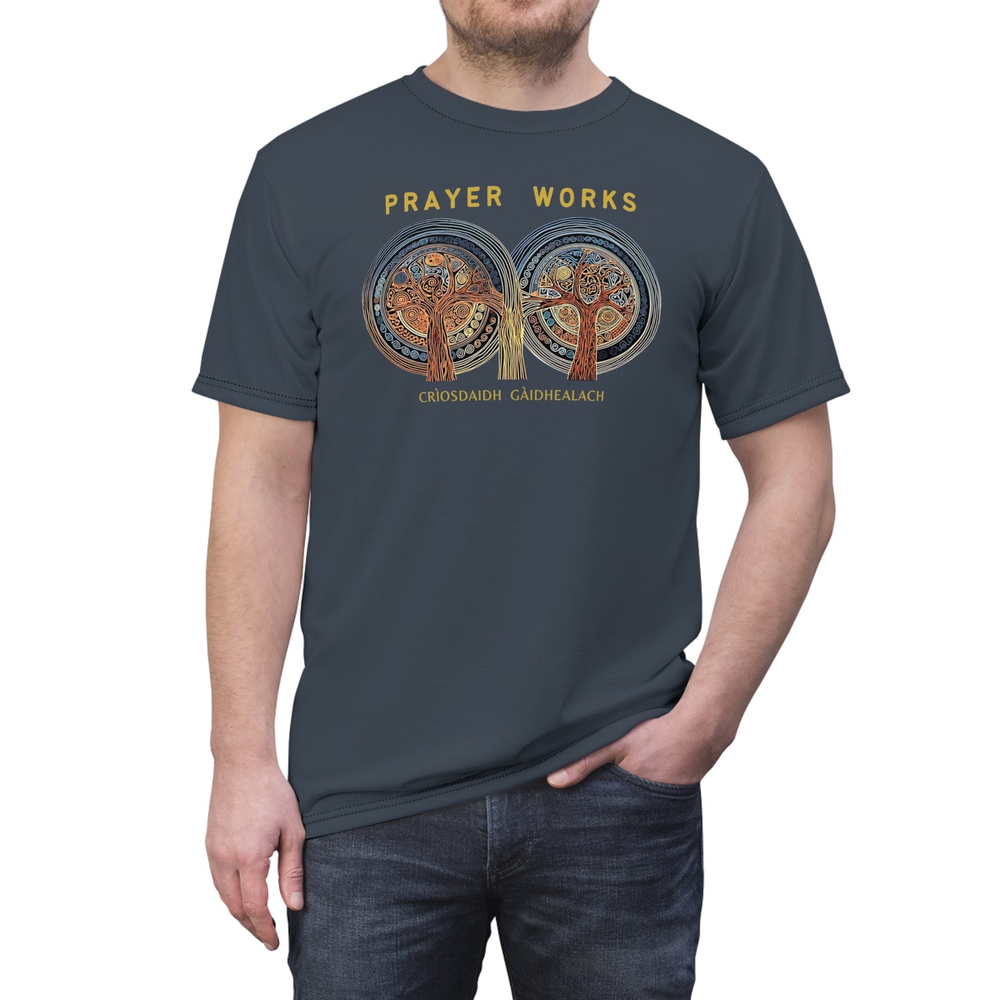 "Prayer Works – Gaelic Christian", Wearable Fine Art Unisex T-shirt (Hearthstone Grey)