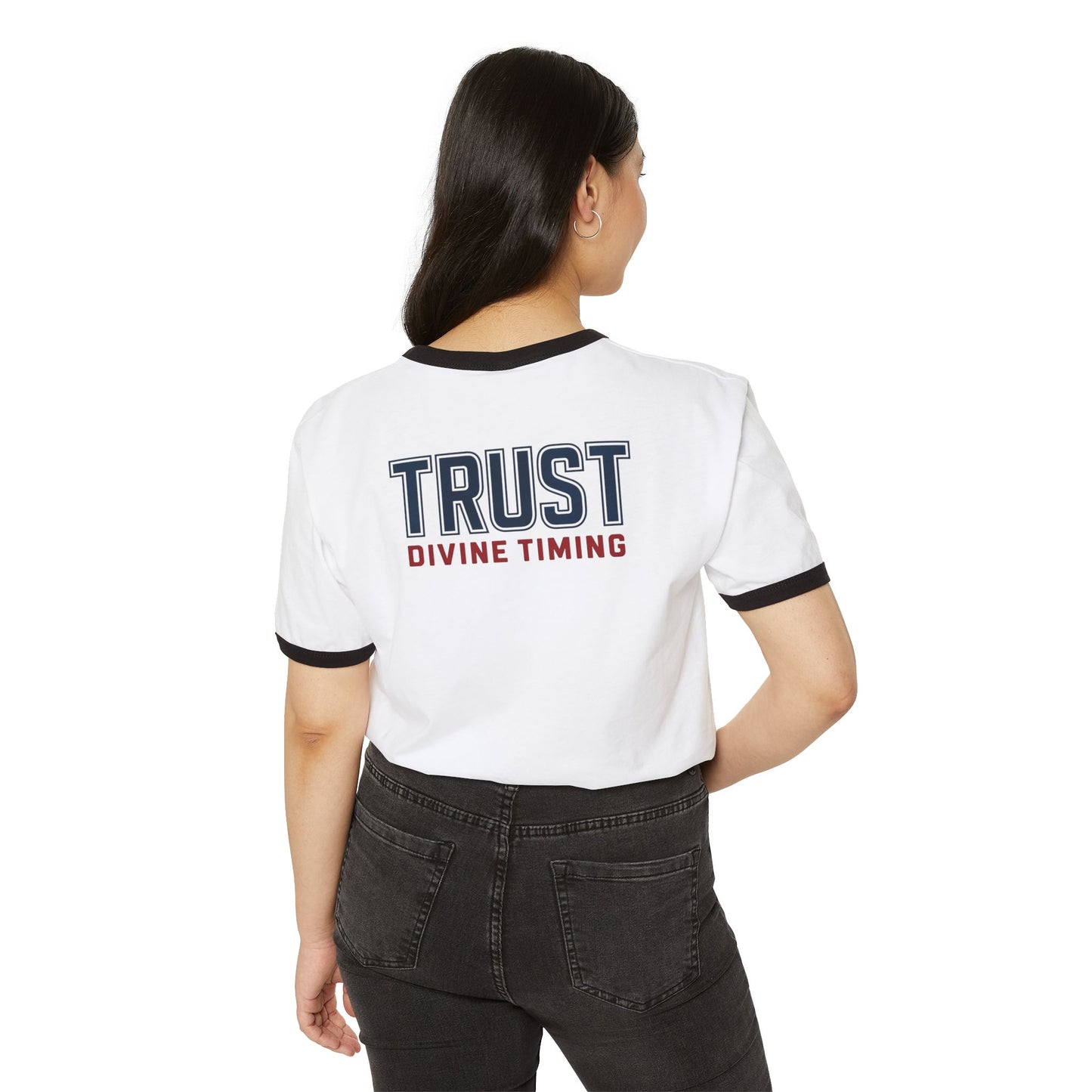 "Trust Divine Timing" #02, Unisex Cotton Ringer T-Shirt