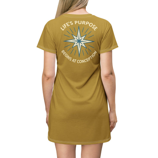 "Life's Purpose Begins at Conception #01", T-Shirt Dress (Crispy Gold)
