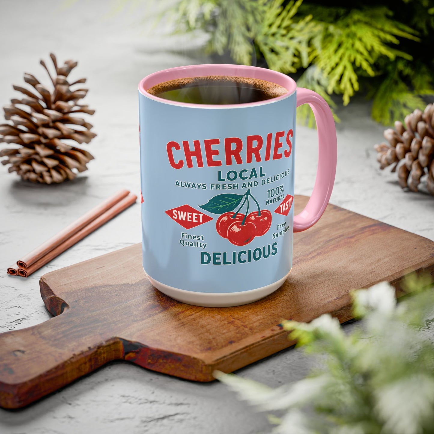 "Delicious Cherries", Colorful Mugs (11oz, 15oz) (Retro Sky)