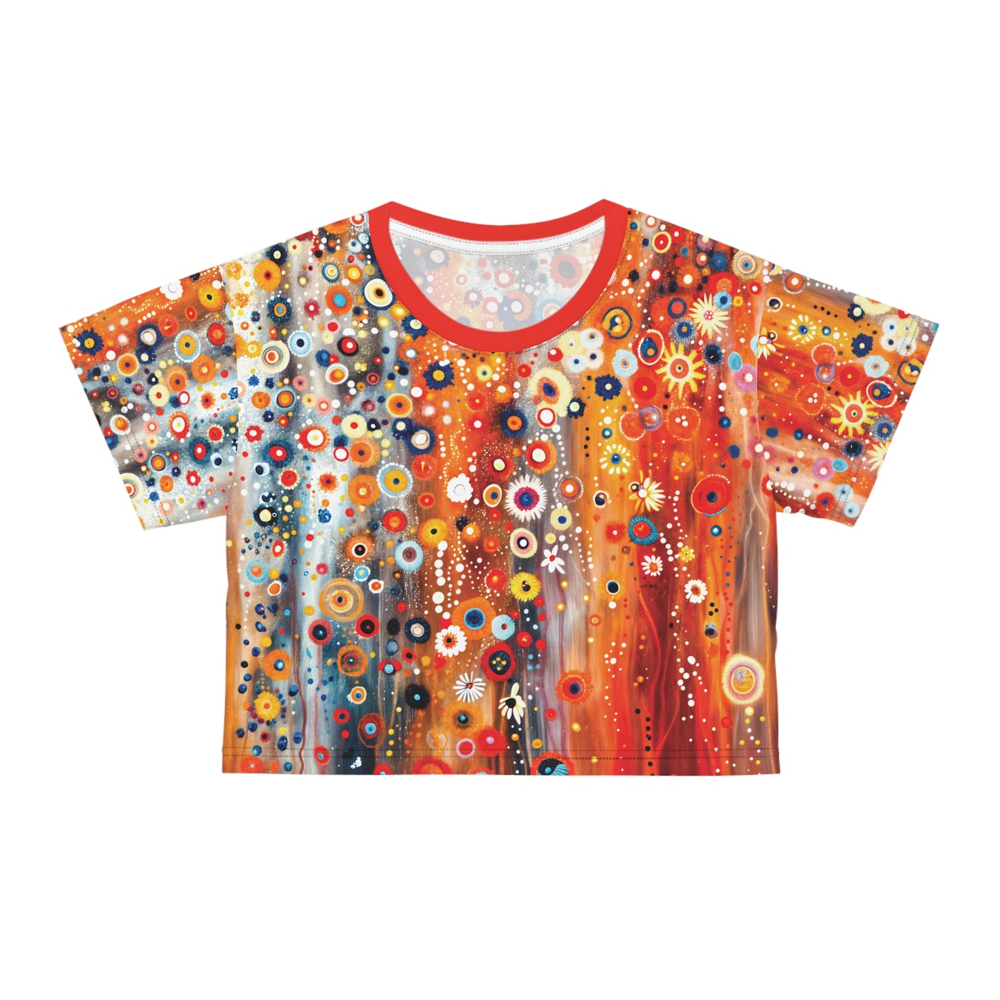 "Raining Flowers", Wearable Fine Art Crop Tee (Scarlet Red Collar)