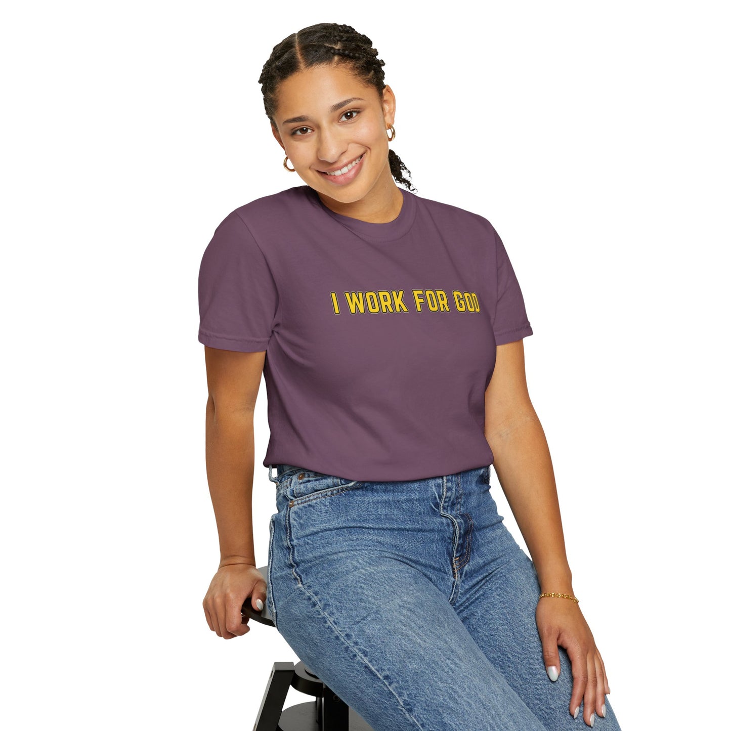 "I Work for God" Unisex T-shirt (Gold Font)