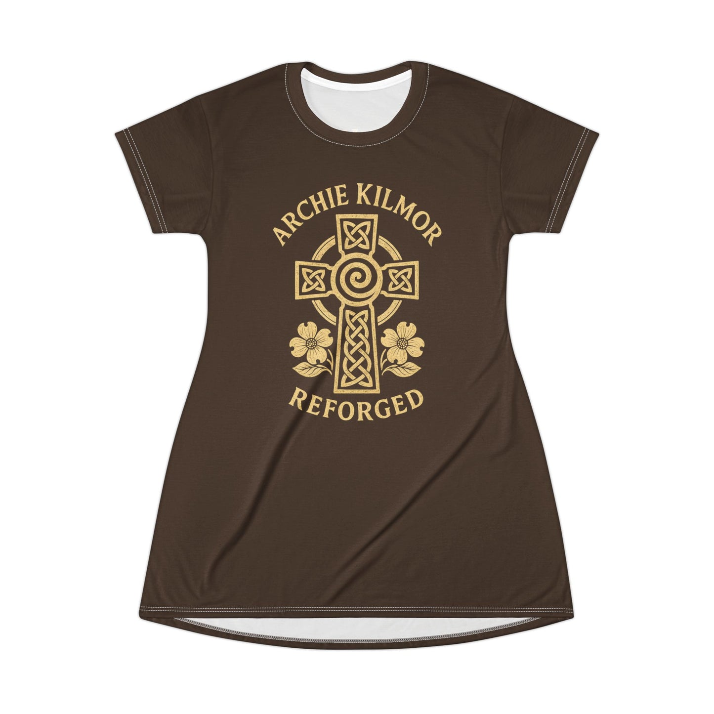 "Archie Kilmor Cross - Reforged" #01, Wearable Art T-Shirt Dress (Dark Chocolate Brown)