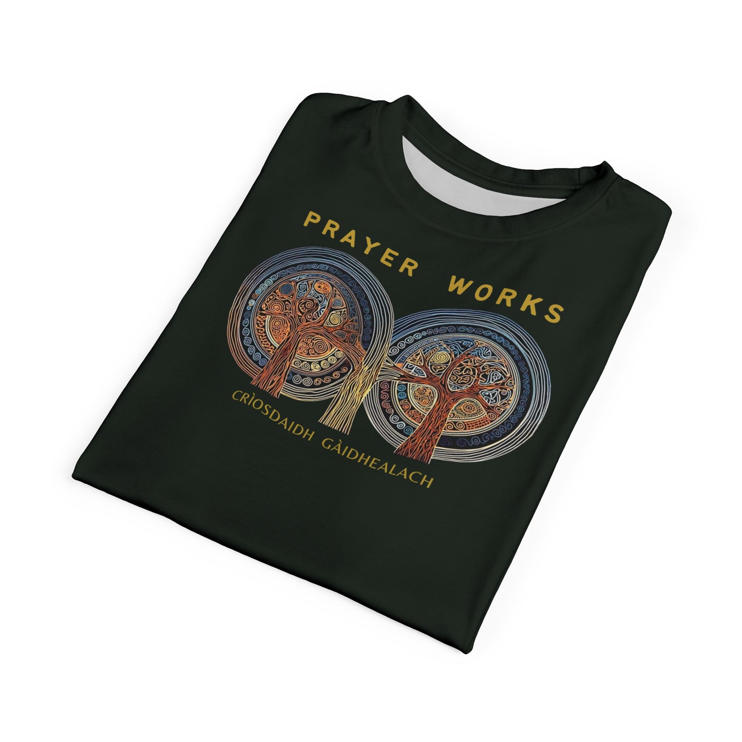 "Prayer Works – Gaelic Christian", Wearable Fine Art Unisex T-shirt (Blackstone Green)