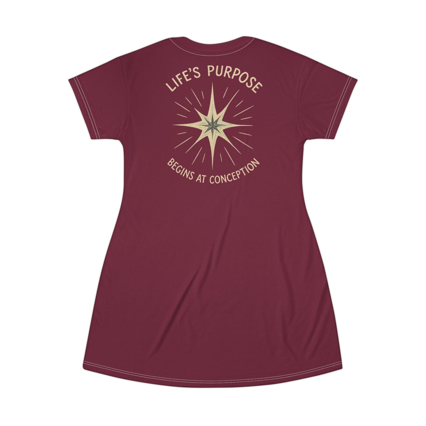 "Life's Purpose Begins at Conception #02", T-Shirt Dress (Broncos Maroon)