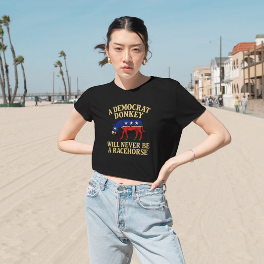"A Democrat Donkey", Women's Flowy Cropped Tee (Print Black)