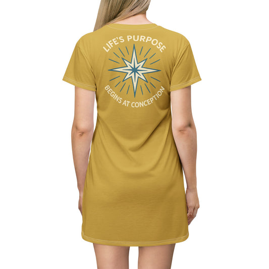 "Life's Purpose Begins at Conception #01", T-Shirt Dress (Farm Straw)