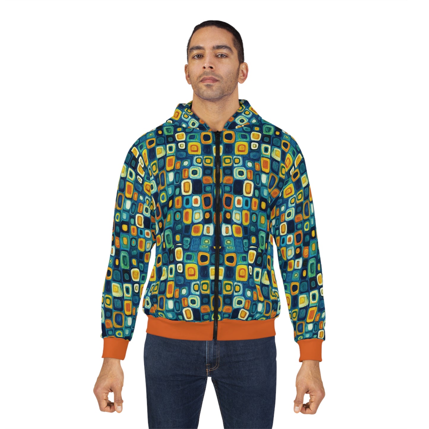 "Soul Mosaic", Unisex Wearable Art Zip Hoodie (Metallic Orange Cuffs & Waistband)