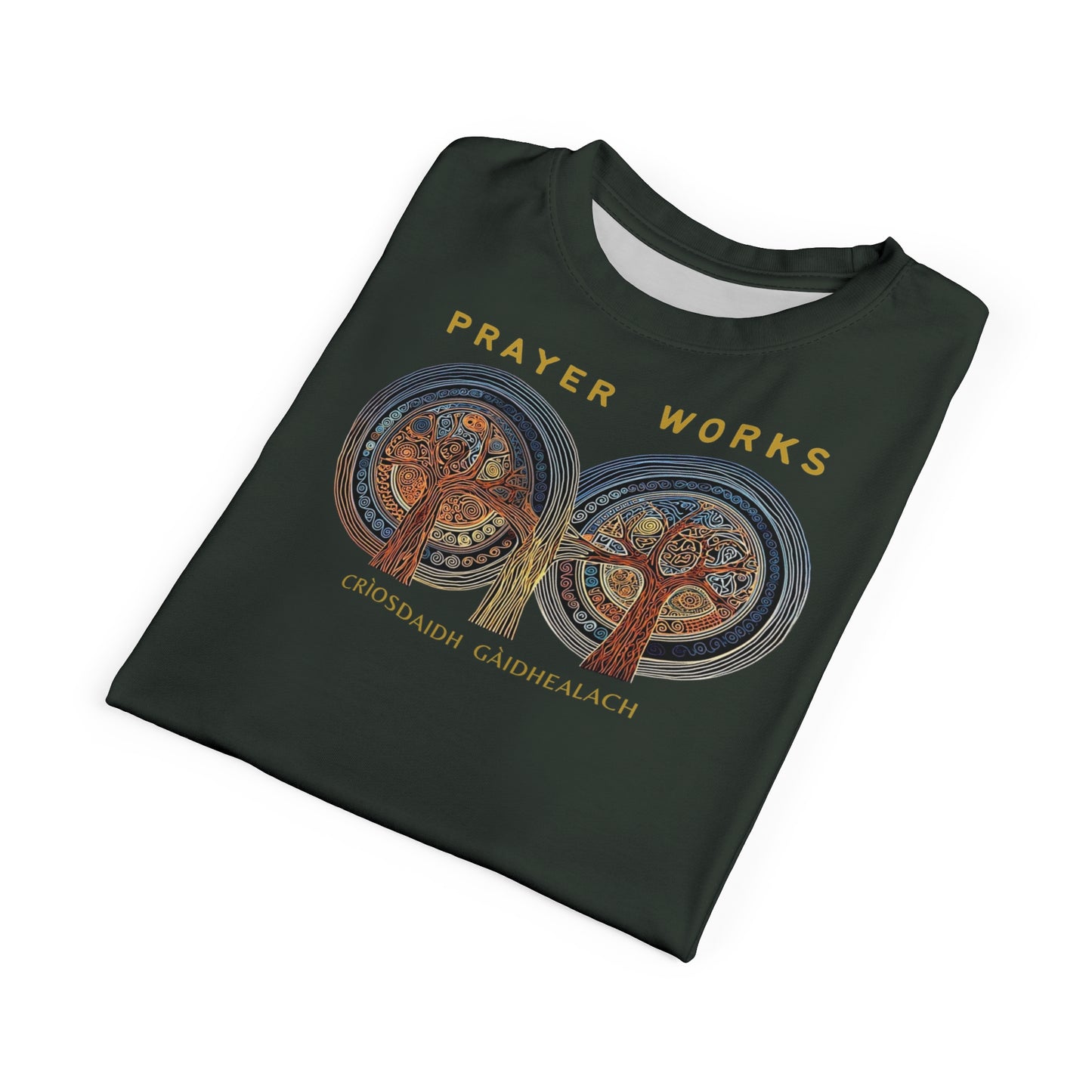 "Prayer Works – Gaelic Christian", Wearable Fine Art Unisex T-shirt (Hail Cloud Grey)