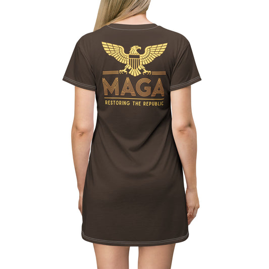 "MAGA - Restoring the Republic", T-Shirt Dress (Dark Chocolate Brown)
