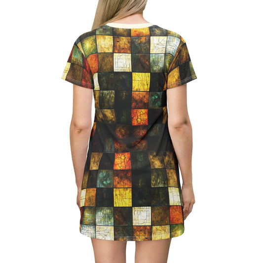 "Wood Block Pattern" #01, Wearable Fine Art T-Shirt Dress (Ivory Collar)