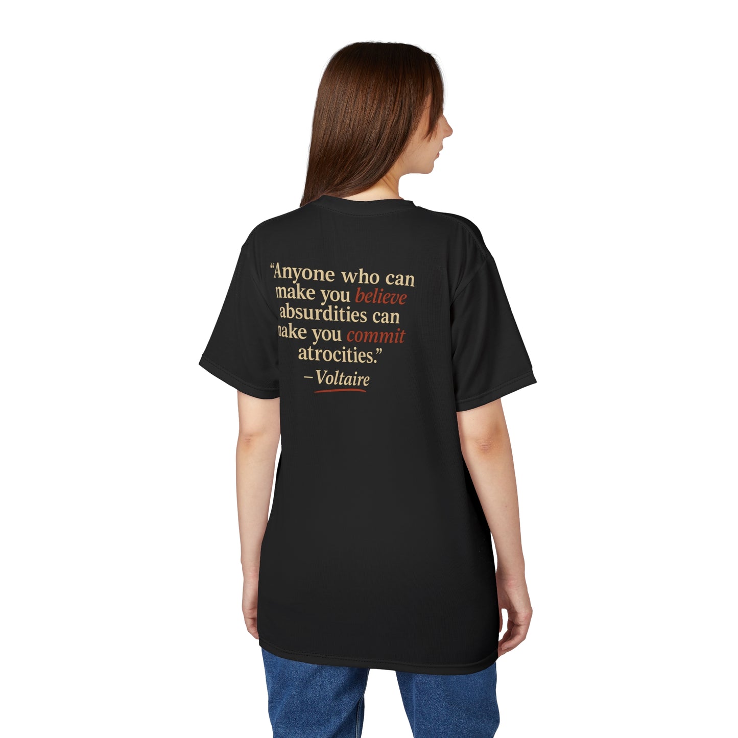 "Beware Woke - Voltaire", Wearable Art Unisex T-shirt (Black Leather)