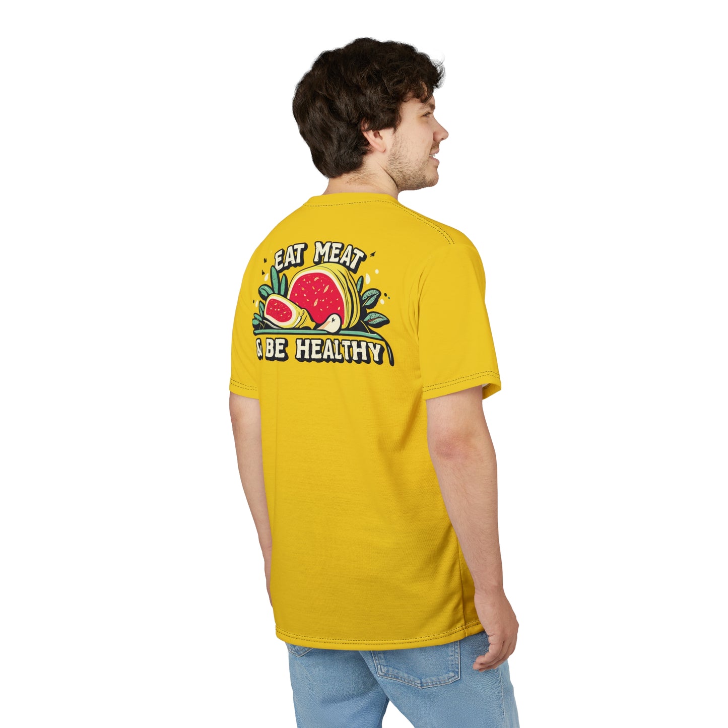 "Eat Meat & Be Healthy", Unisex T-shirt (Gold Yellow)