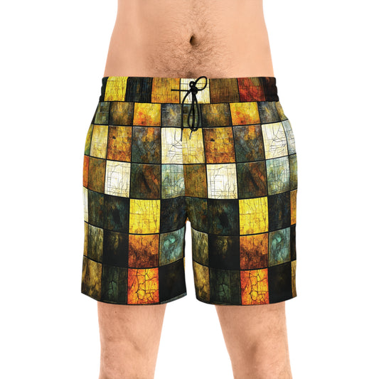 "Wood Block Pattern" #01, Men's Mid-Length Swim Shorts