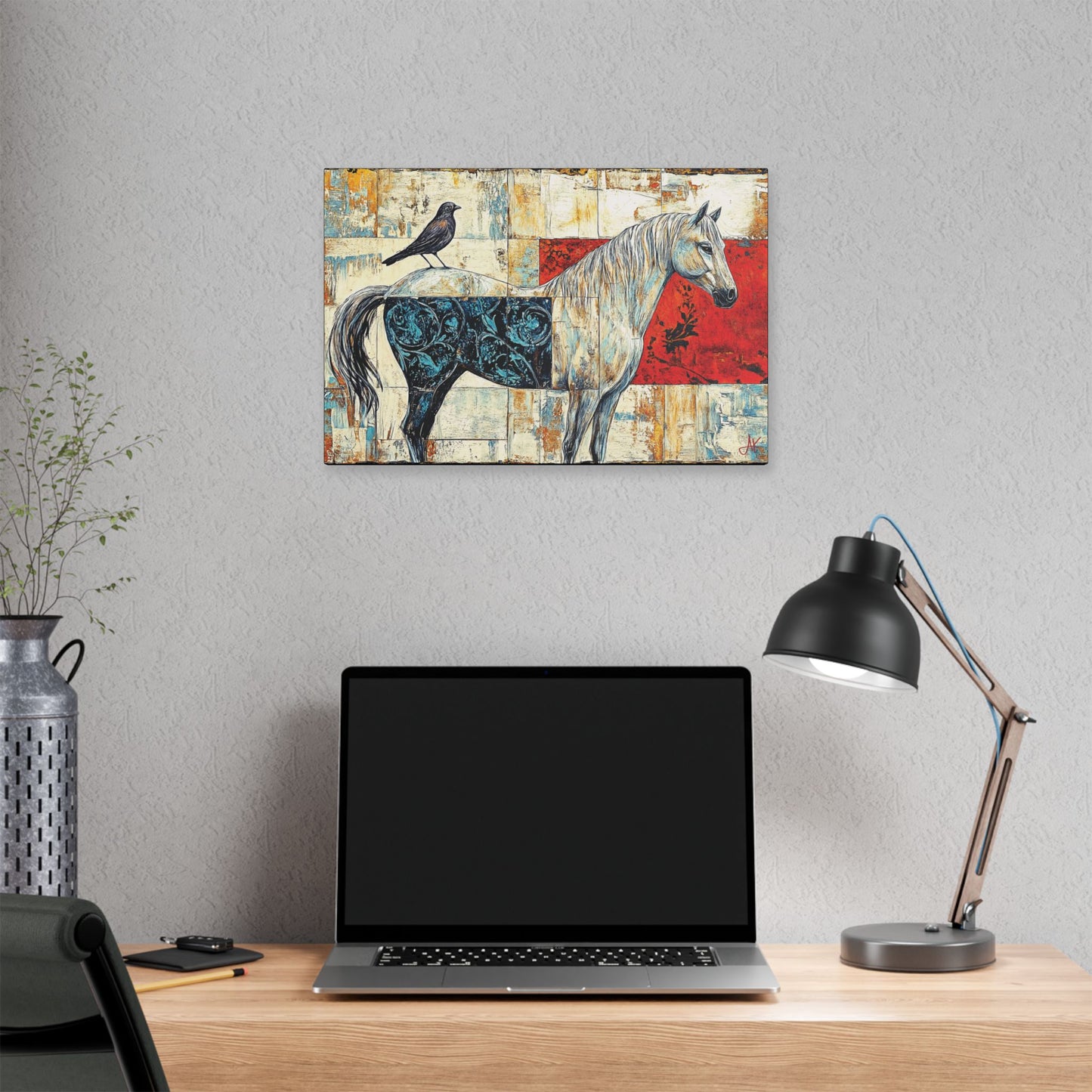 "Series: White Horse with Bird #01", Stretched Classic Canvas Fine Art Print
