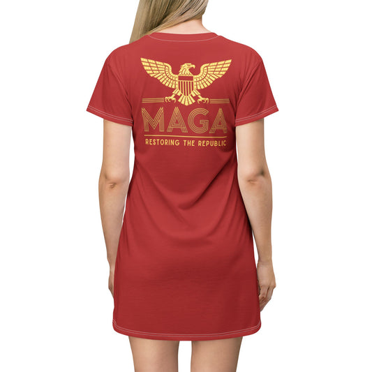 "MAGA - Restoring the Republic", T-Shirt Dress (Light Cherry Red)