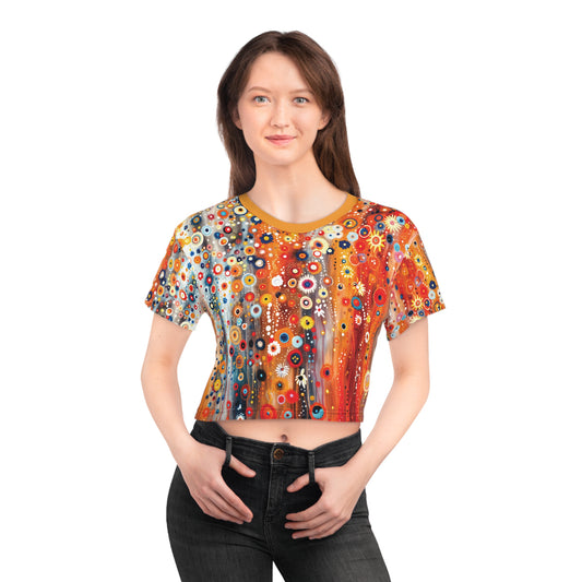 "Raining Flowers", Wearable Fine Art Crop Tee (Deep Saffron Orange Collar)