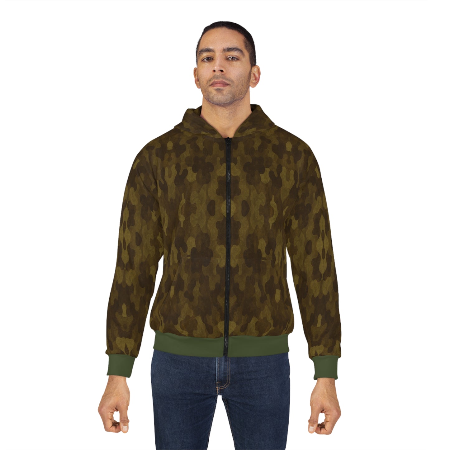 "Swamp Recon Camouflage", Unisex Wearable Art Zip Hoodie (Fen Moss Green Cuffs and Waist)