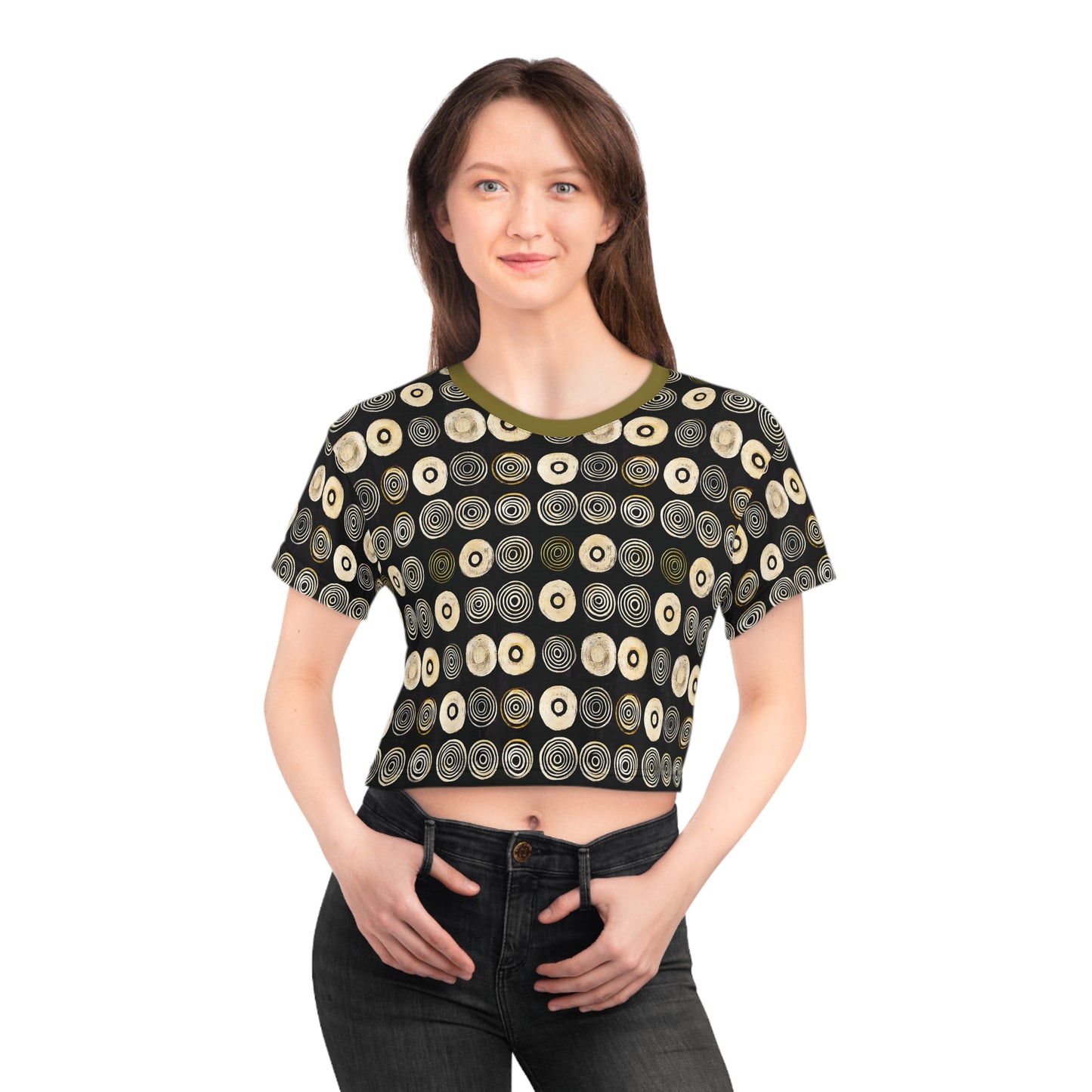 "Punk Polka", Wearable Pattern Art Crop Tee (Soft Fig Green Collar)