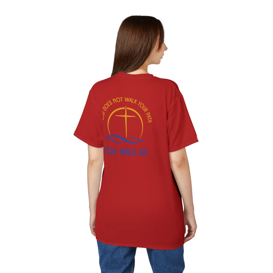 "God Does Not Walk Your Path", Unisex T-shirt (Light Cherry Red)