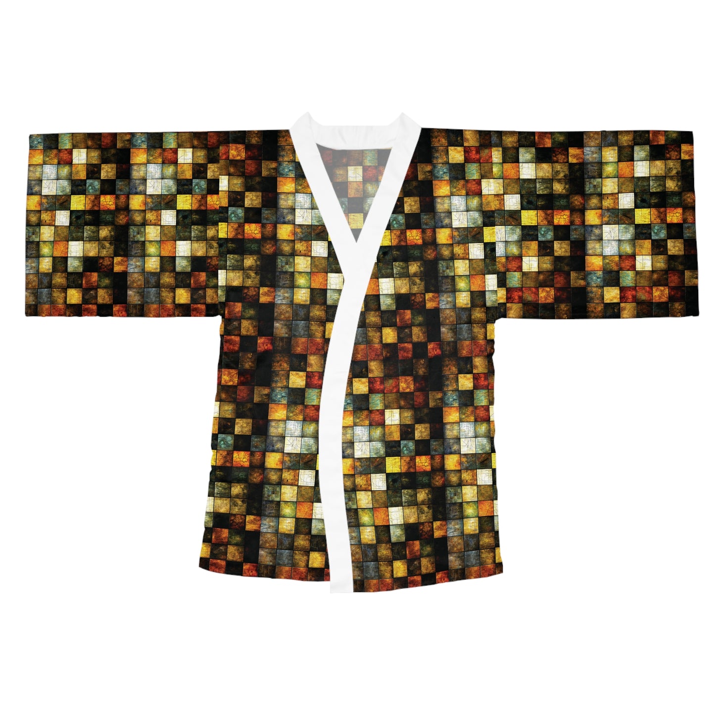 "Wood Block Pattern" #01, Long Sleeve Kimono Robe
