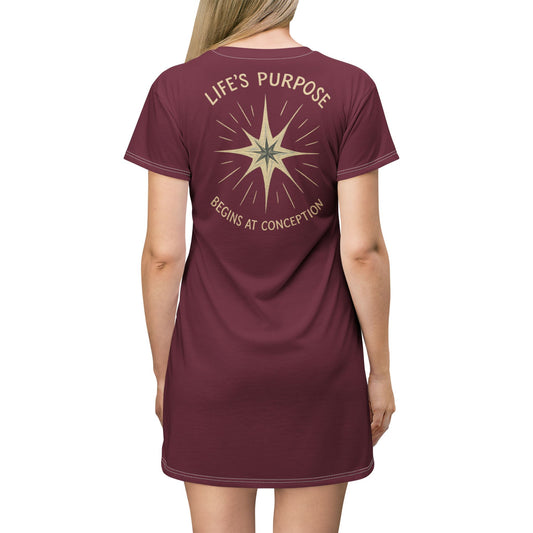 "Life's Purpose Begins at Conception #02", T-Shirt Dress (Broncos Maroon)