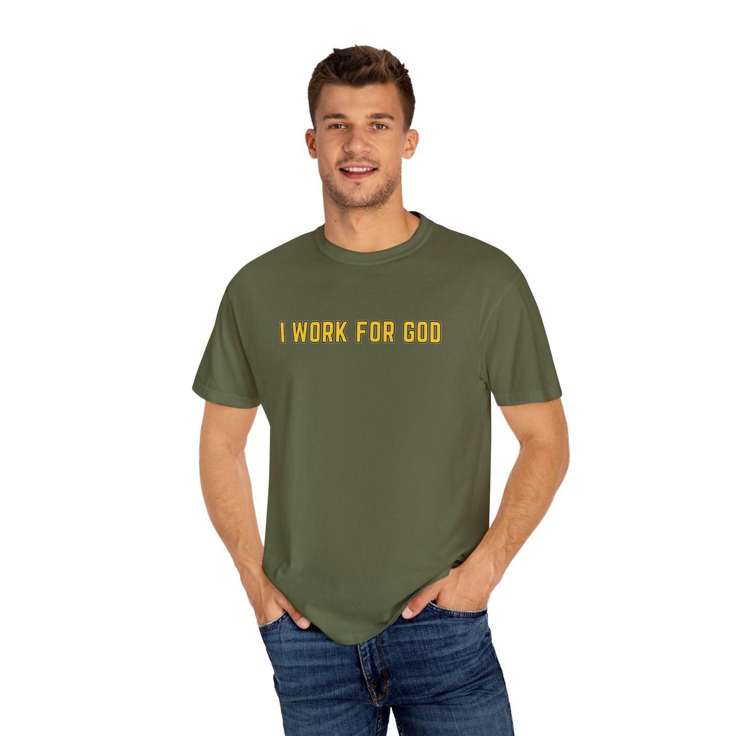 "I Work for God" Unisex T-shirt (Gold Font)