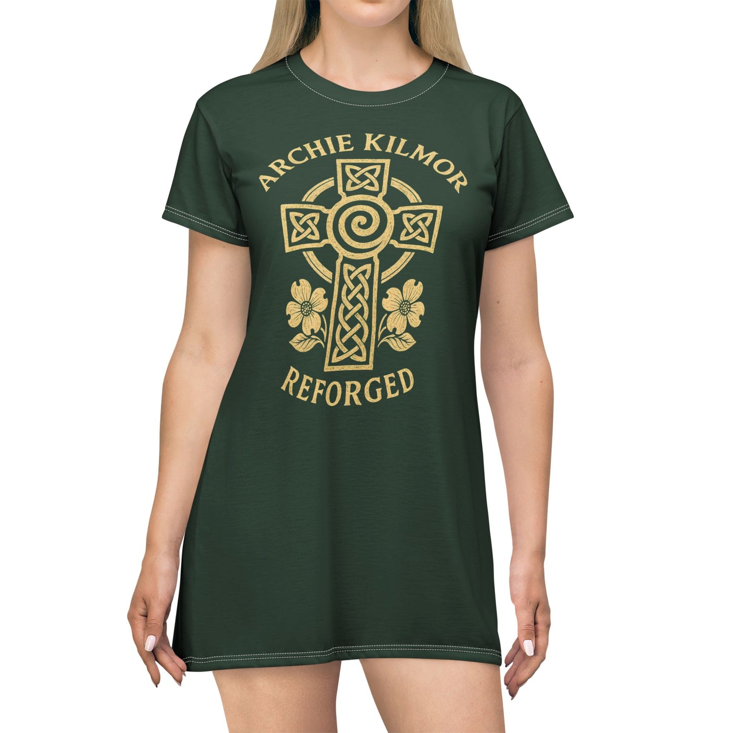 "Archie Kilmor Cross - Reforged" #01, Wearable Fine Art T-Shirt Dress (Monsoon Green)