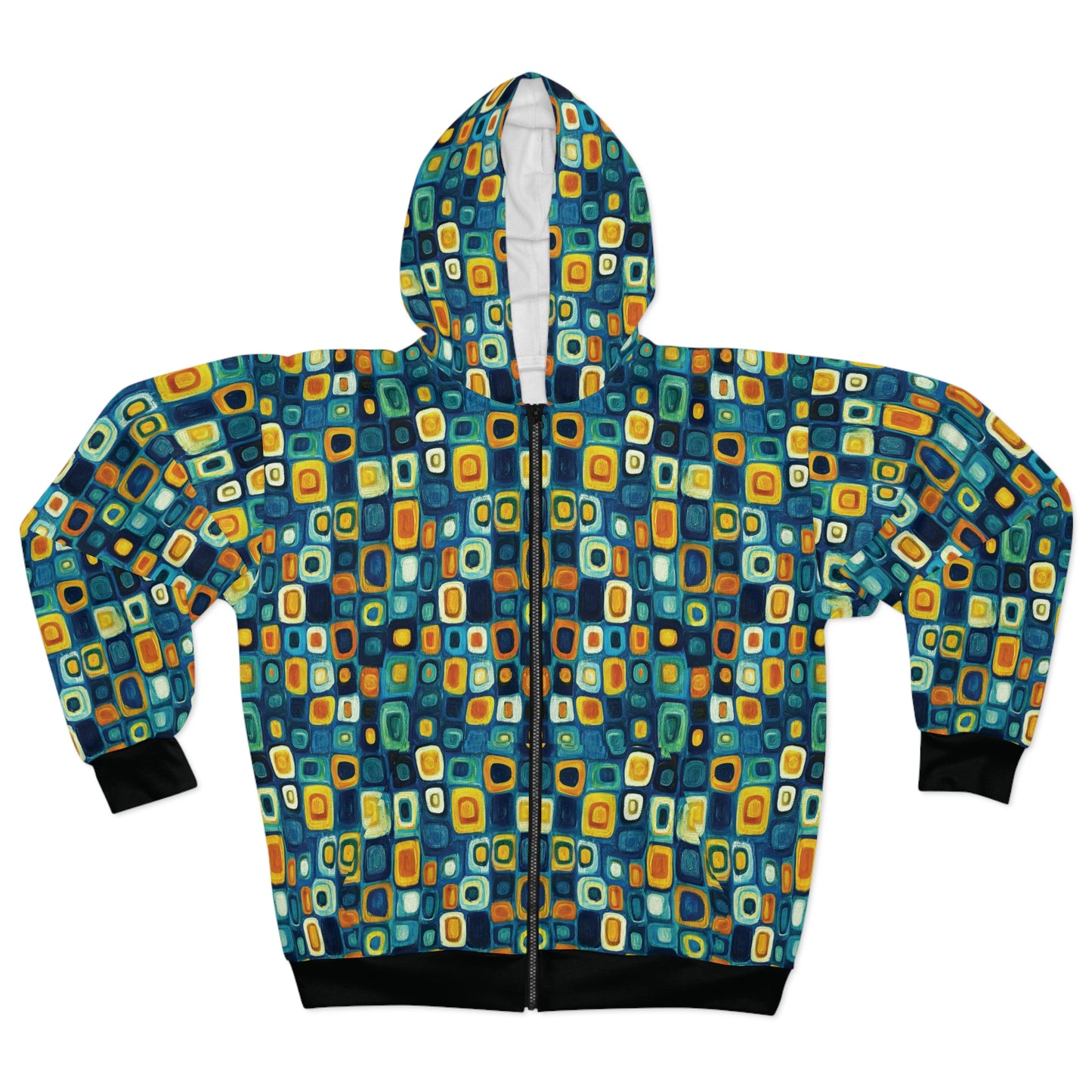 "Soul Mosaic", Unisex Wearable Art Zip Hoodie (Void Black Cuffs & Waistband)