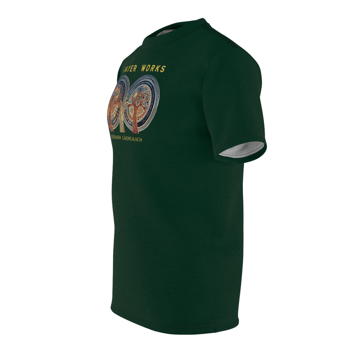 "Prayer Works – Gaelic Christian", Wearable Fine Art Unisex T-shirt (Deep Grove Green)