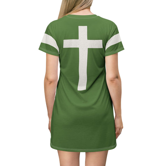 "Faith Overcomes Fear", T-Shirt Dress (Avocado Green)