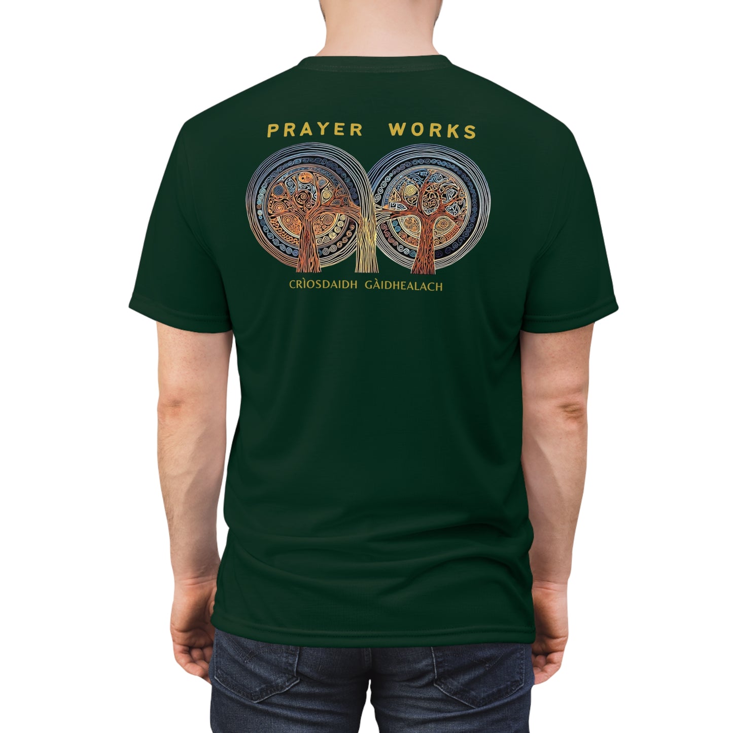 "Prayer Works – Gaelic Christian", Wearable Fine Art Unisex T-shirt (Deep Grove Green)