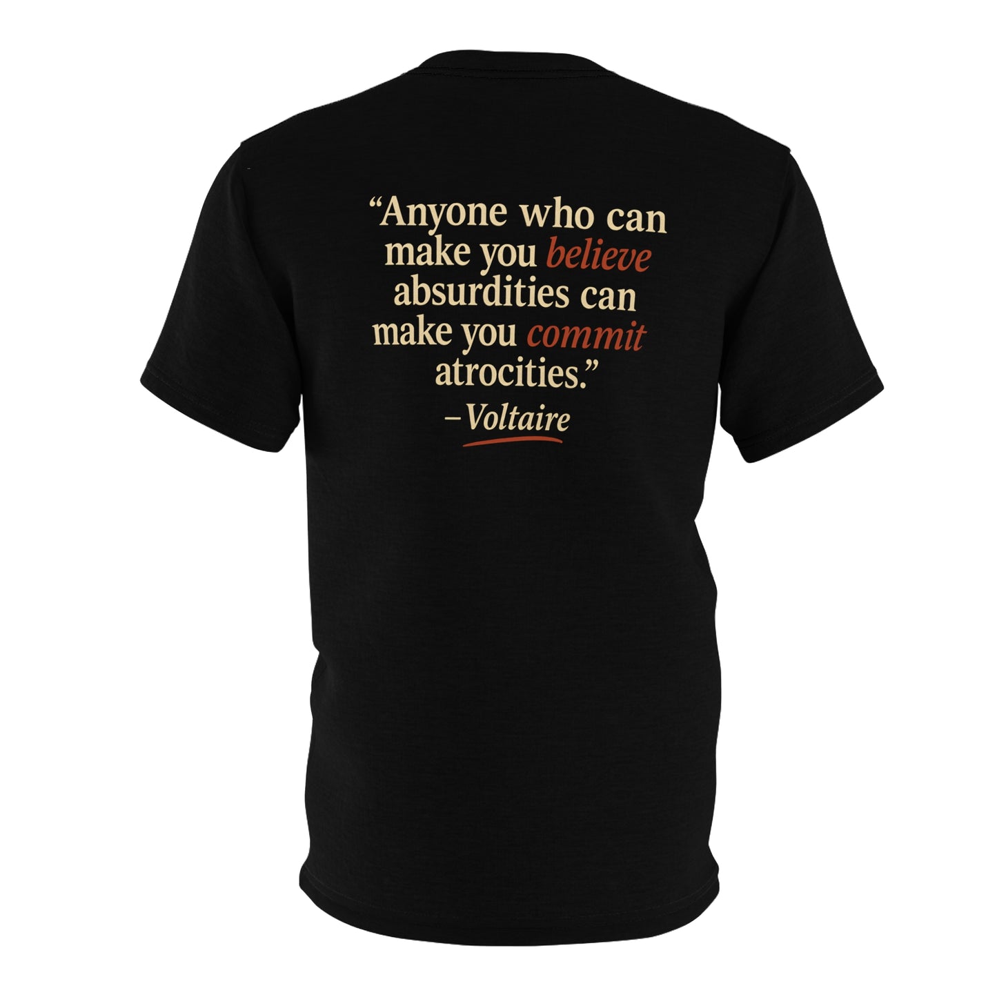"Beware Woke - Voltaire", Wearable Art Unisex T-shirt (Black Leather)