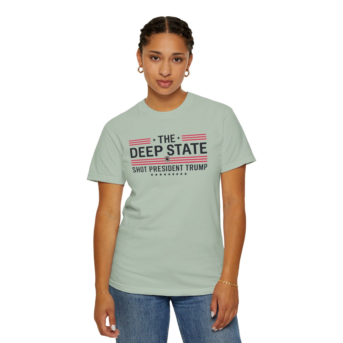 "The Deep State Shot President Trump" #02, Unisex White T-shirt