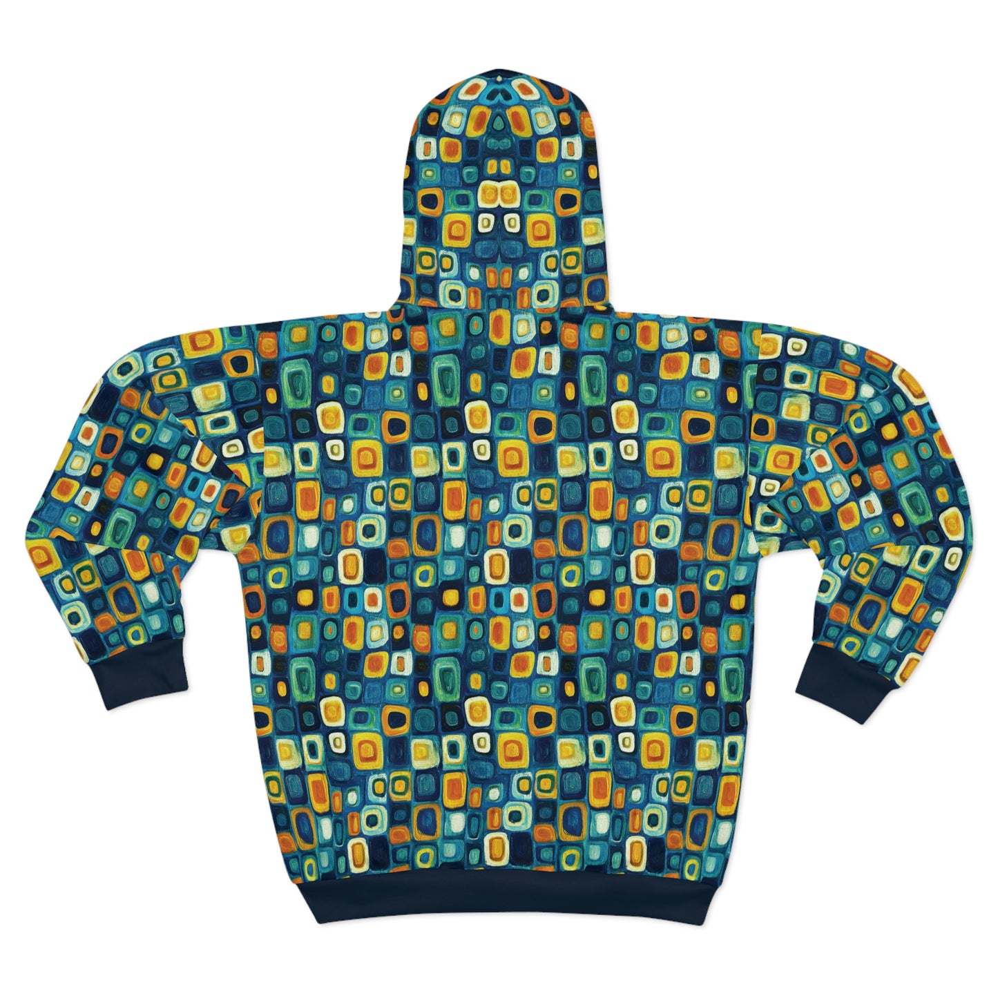 "Soul Mosaic", Unisex Wearable Art Zip Hoodie (Birlinn Blue Cuffs & Waistband)