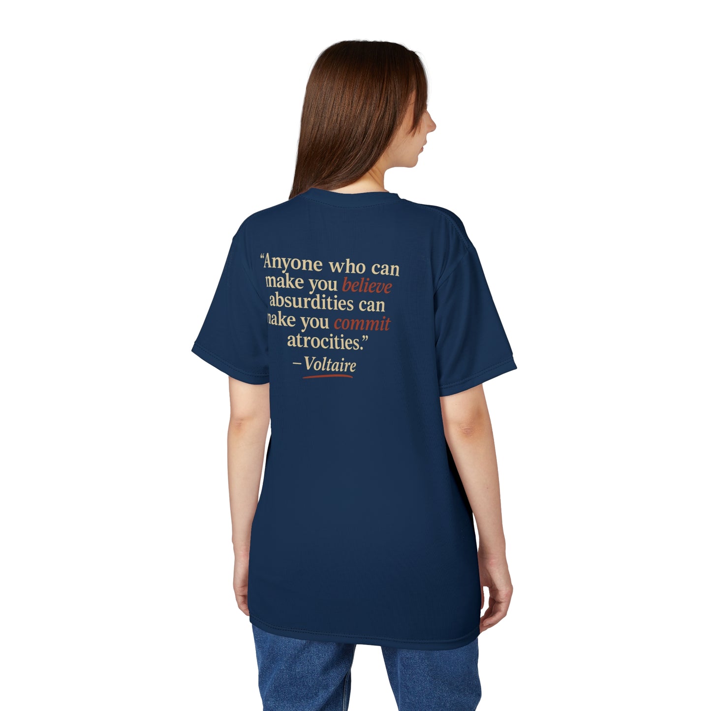 "Beware Woke - Voltaire", Wearable Art Unisex T-shirt (Höpfner Blue)