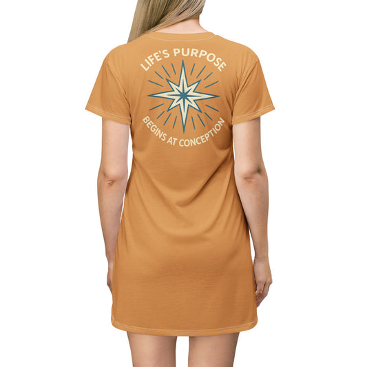 "Life's Purpose Begins at Conception #01", T-Shirt Dress (Earth Brown)