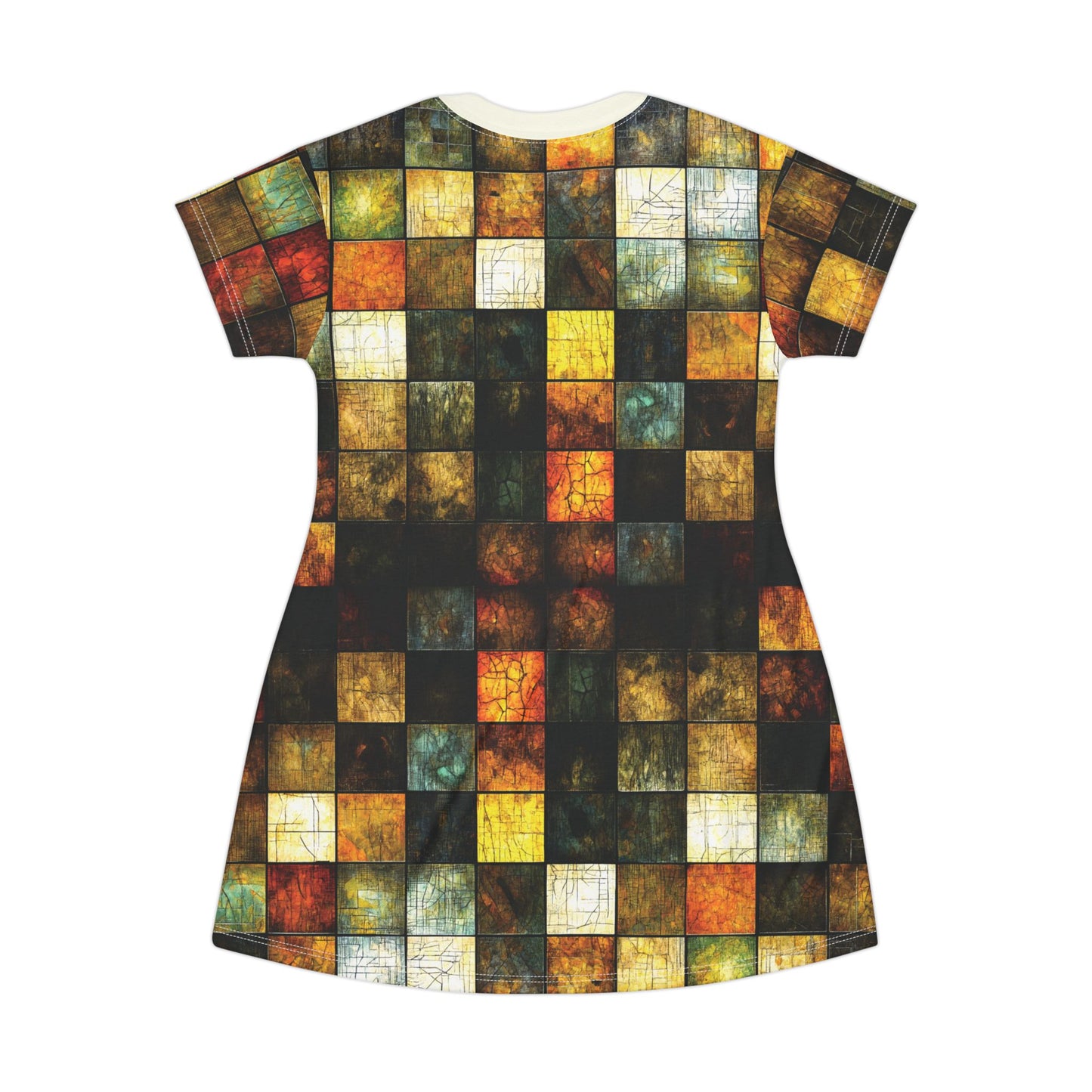 "Wood Block Pattern" #01, Wearable Fine Art T-Shirt Dress (Ivory Collar)