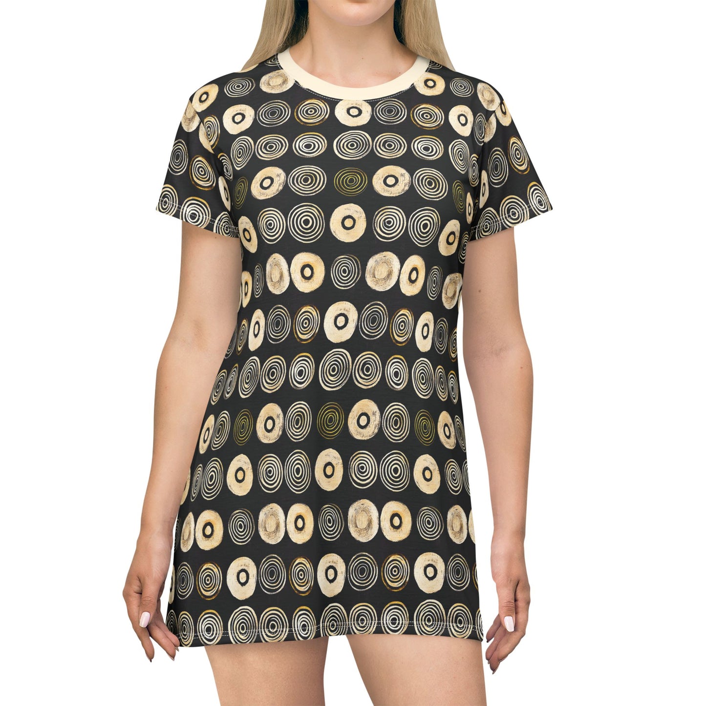 "Punk Polka", Wearable Pattern Art T-Shirt Dress (Iced Almond Collar)