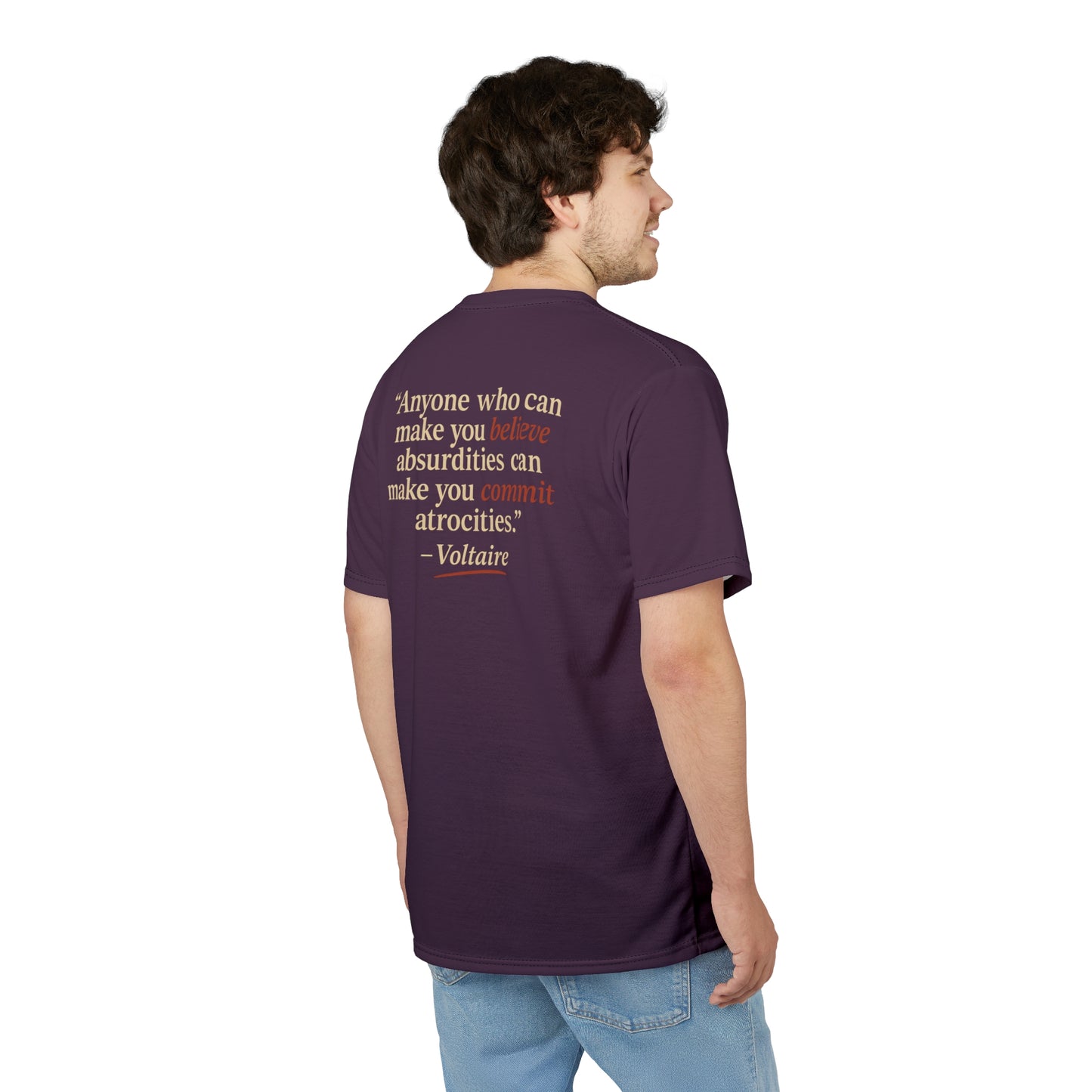 "Beware Woke - Voltaire", Wearable Art Unisex T-shirt (Blackberry Wine)
