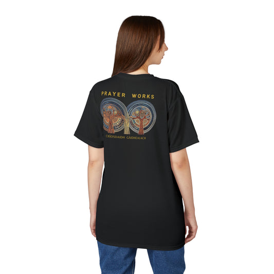 "Prayer Works – Gaelic Christian", Wearable Fine Art Unisex T-shirt (Peatshadow Black)