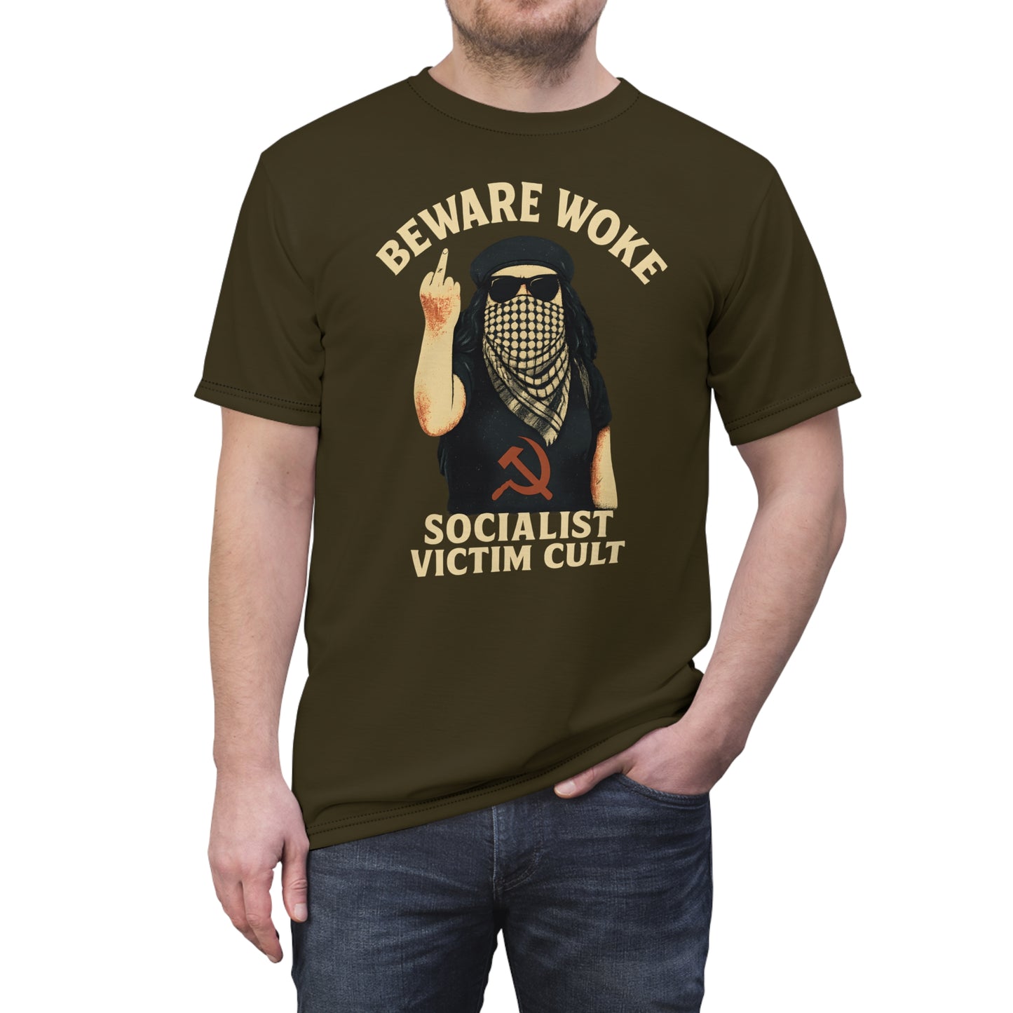 "Beware Woke - Voltaire", Wearable Art Unisex T-shirt (Olive Drab Brown)